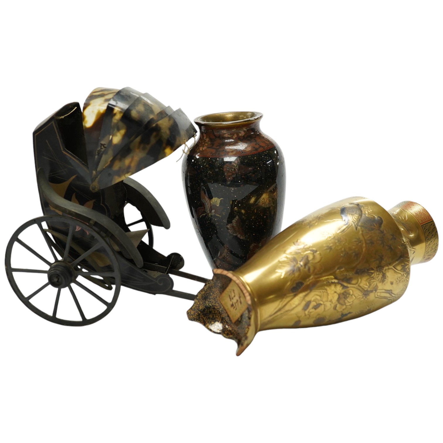 A damaged 19th century Japanese lacquer vase, a Japanese cloisonné enamel vase and a model tortoiseshell and lacquer rickshaw, rickshaw 20cm long., Condition - poor to fair